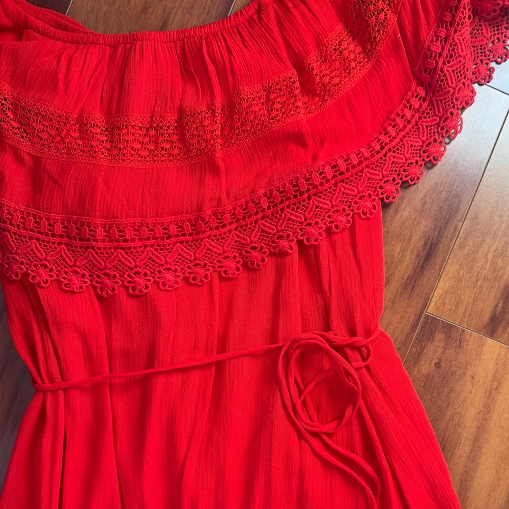 One The Land Off The Shoulder Red Lace Tie Waist Dress - Picture 6 of 7